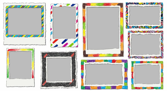 Conjunto de molduras de fotos estilo polaroid coloridas e desenhadas &agrave; m&atilde;o, com bordas vibrantes e espa&ccedil;os cinzas para imagens, isoladas em branco.