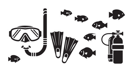Scuba diving equipment illustration with mask, flippers, and tank surrounded by fish icons underwater © Rulia