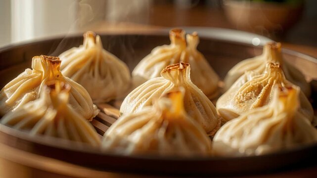 Steaming pan of steamed dumpling and fried dumpling with pleated dumpling tops, golden crust
