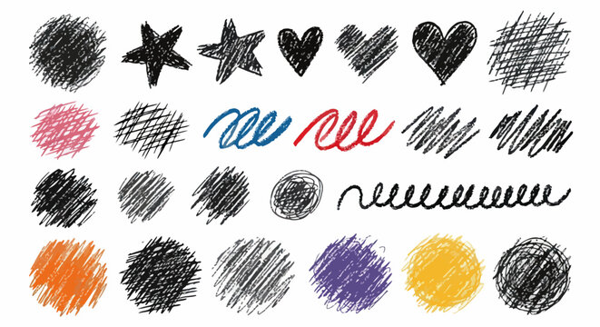 Cole&ccedil;&atilde;o de formas e linhas rabiscadas &agrave; m&atilde;o, incluindo c&iacute;rculos, estrelas e cora&ccedil;&otilde;es, em estilo doodle, perfeitas para design gr&aacute;fico e elementos art&iacute;sticos.