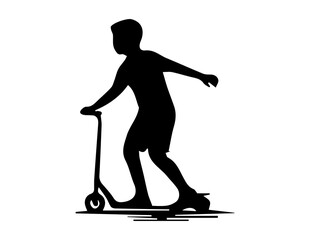 Person riding a kick scooter in mid-motion silhouette style