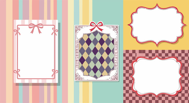 Conjunto de molduras decorativas vintage com la&ccedil;os, padr&otilde;es de losangos e listras pastel, ideal para convites e design gr&aacute;fico.
