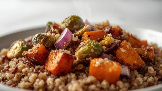 Roasted vegetable couscous with pumpkin, brussels sprout, red onion and herbed pearl couscous