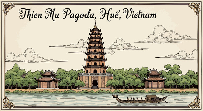 Ilustra&ccedil;&atilde;o vintage do ic&ocirc;nico Pagode Thien Mu em Hue, Vietn&atilde;, com seu barco tradicional navegando pelo Rio Perfume.