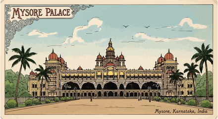 Obraz premium Ilustração detalhada do majestoso Palácio de Mysore na Índia, com sua arquitetura real e palmeiras exuberantes sob um céu azul.