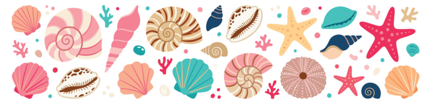 Seashells collection with starfish and coral in ocean beach pattern