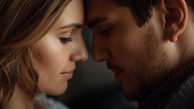 Couple close up forehead touch intimate romantic tender moment sharing warm smile soft glowing light