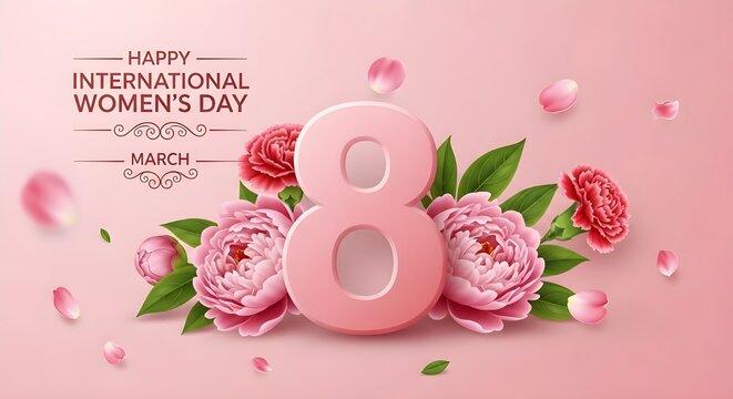 Editable Happy International Women&rsquo;s Day Social Media Post Set with 3D Number 8 March and Decorative Flowers on Pink Background.