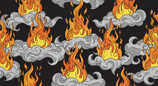 Nahtloses Muster aus z&uuml;ngelnden orange-roten Feuerflammen, die aus grauen Rauchwolken auf schwarzem Hintergrund emporsteigen, im dynamischen Cartoon-Stil.