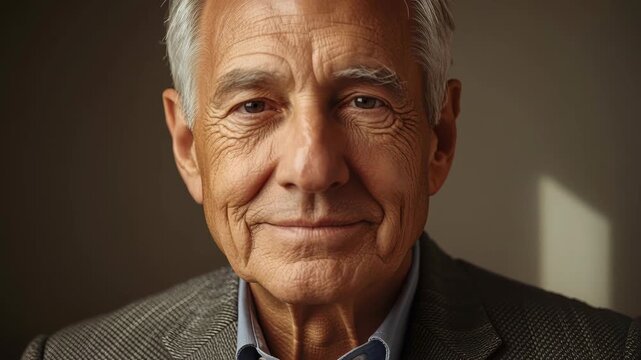Elderly man portrait smiling closeup with warm soft lighting detailed wrinkle face senior dignity