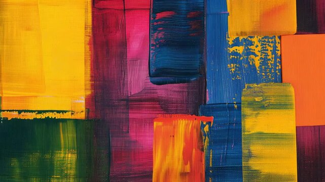 A textured abstract painting with bold red, blue, and yellow blocks