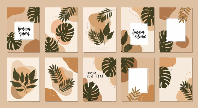 Collezione di sfondi astratti e minimalisti con foglie tropicali e forme organiche in tonalit&agrave; neutre, ideali per design moderni e social media.