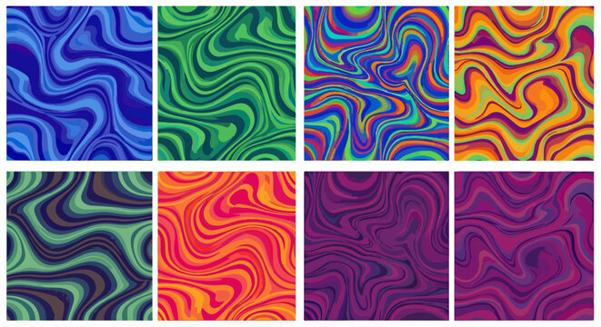 Una collezione vibrante di otto sfondi astratti con motivi ondulati e texture liquide, perfetti per design digitali e progetti creativi.