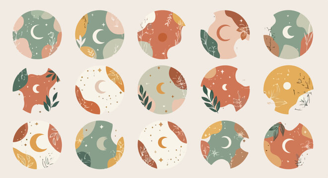 Collezione di icone circolari astratte in stile boh&eacute;mien con lune crescenti, stelle ed elementi botanici, perfette per un'estetica spirituale e naturale.