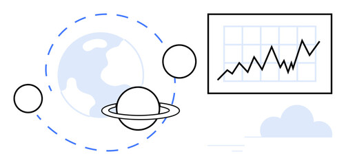 Data visualization, space analytics, global insights, planetary data, scientific research, technology trends. Graph with upward trend alongside Earth, Saturn and planetary elements. Data © robu_s