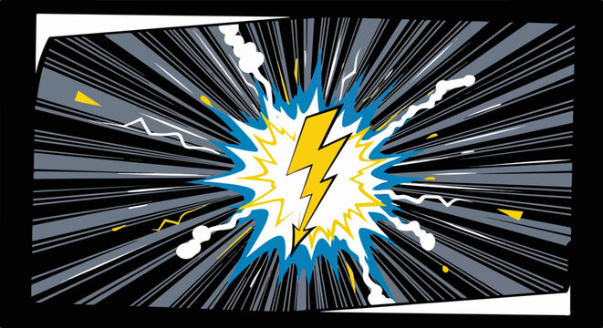 Illustrazione vettoriale dinamica di un fulmine giallo che esplode con linee radiali e fumo, evocando energia e potenza in stile fumetto.