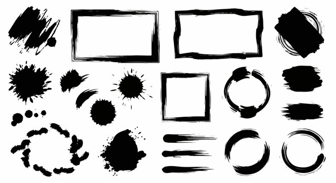 Set di elementi grafici neri disegnati a mano con schizzi di inchiostro, macchie, pennellate e cornici grunge su sfondo bianco.