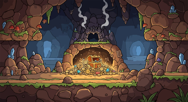 Un'illustrazione dettagliata di una caverna misteriosa e buia con un baule del tesoro scintillante pieno di monete d'oro e gemme preziose.