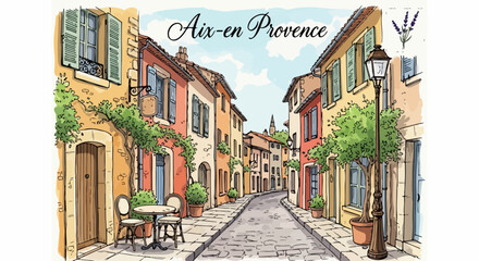 Malownicza ilustracja wąskiej uliczki Aix-en-Provence z kolorowymi kamienicami, brukowaną drogą i kawiarnianym stolikiem, oddająca urok południowej Francji. © Sintya