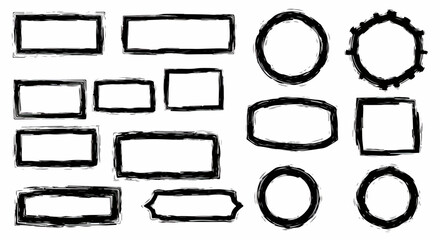 Obraz premium Kolekcja ręcznie rysowanych, postarzanych ramek i kształtów w stylu grunge, idealnych do projektów graficznych, na białym tle.