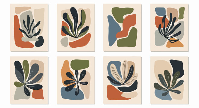 Collezione di otto stampe d'arte astratte con forme organiche e botaniche, tonalit&agrave; terrose e design moderno per decorazioni murali eleganti.