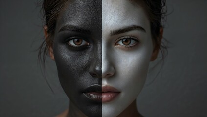 Duality in Expression: A striking portrait showcasing the stark contrast between two sides of a face, one painted in dark hues and the other in light.