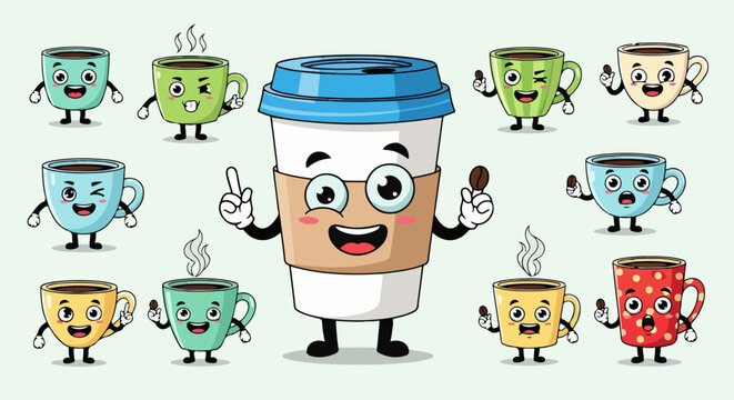 Simpatico personaggio di tazza di caff&egrave; da asporto con occhiali e chicco, circondato da allegre tazze animate.