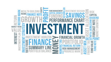 Obraz premium Investment Word Cloud Design for Finance Poster, Office Wall Art. Investment minimalist blue gray typography