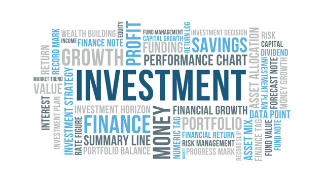 Investment Word Cloud Design for Finance Poster, Office Wall Art. Investment minimalist blue gray typography