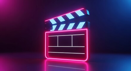 Glowing neon clapperboard against a dark backdrop, creating a cinematic and vibrant effect