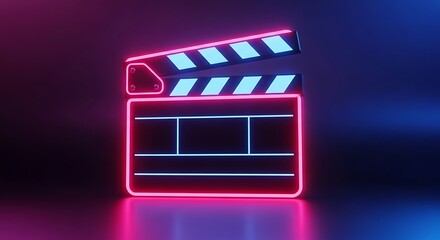 Glowing neon film clapperboard against a dark backdrop