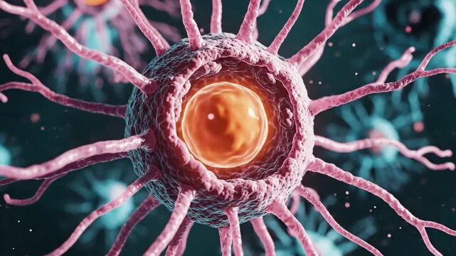 Vibrant neuron cell animation with a glowing nucleus and dynamic dendrite branches, representing active biological processes in motion.