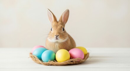 Rabbit with colorful Easter eggs in a decorative basket.