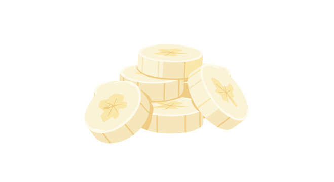 A smaller, neatly arranged stack of several light yellow banana slices, each revealing its distinct star-shaped core, is displayed on a bright white background.