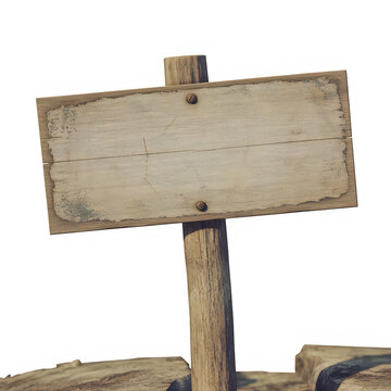 weathered wooden sign on a post with a blank surface for text or messages