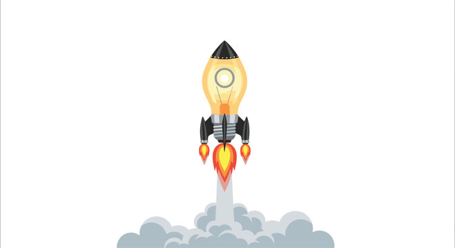 A light bulb-shaped rocket with a black nose cone and fins is launching upwards, emitting bright orange flames and a grey smoke plume against a white background.