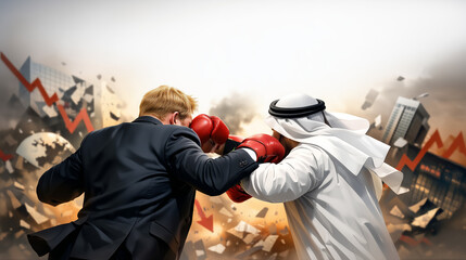 Clash of Titans: Depicting a fierce business rivalry with figures engaged in a boxing match symbolizing conflict and competition.