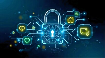 Fototapeta premium Digital padlock artwork surrounded by circuit-like lines connecting icons for health, clock, smart home, monitoring, and internet globe on dark glowing background