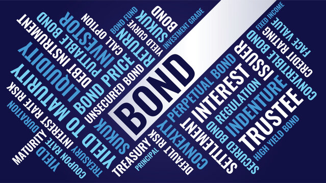 Bond Word Cloud Design for Poster, Wall Art, Investor Education Banner, Finance Classroom Decor. Bond diagonal blue finance typography