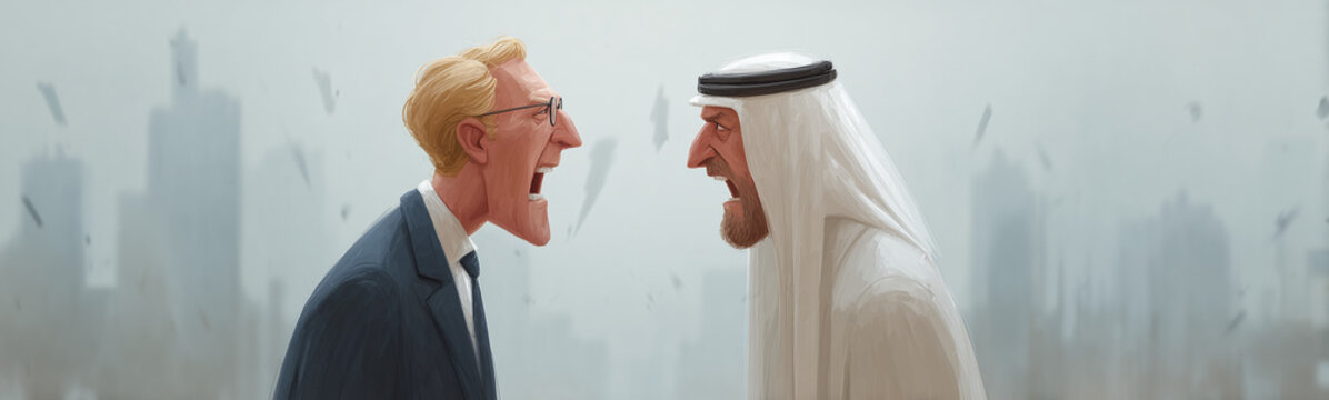 Clash of Perspectives: A visual depiction of disagreement, featuring two individuals locked in a heated argument against a backdrop of blurred urban elements.