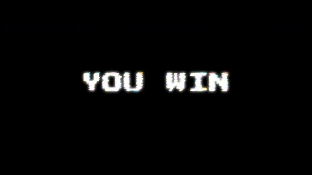 You Win text animation with a glitch effect. Cyberpunk text with an old TV distortion effect. Retro, vintage 8-bit game style. 4K video with alpha cannel.