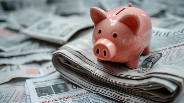 Ceramic piggy bank stands on pile of newspapers with blurred content