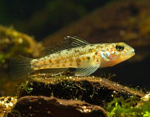 Obraz premium Close-up of a round goby resting on a mossy rock in its natural habitat