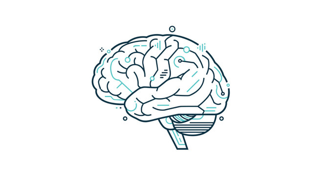 A minimalist outline illustration of a human brain in profile, featuring abstract circuit-like patterns and dots, is presented on a clean white background.