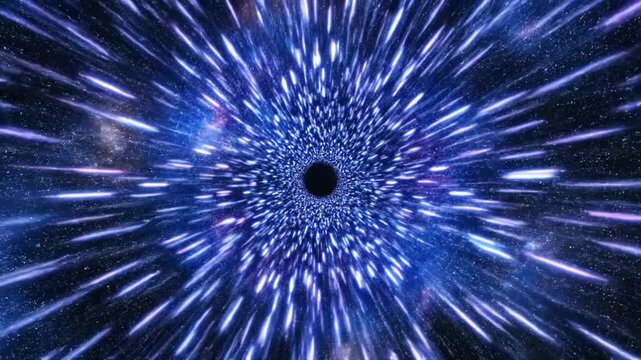 Into the Abyss: Witness a mind-bending journey through the cosmos, with an enigmatic black hole dominating the center of the frame and celestial bodies zooming away