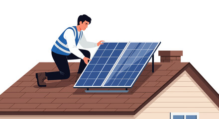 Man installing solar panel on roof renewable energy.