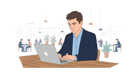 Fototapeta premium A man in a blue jacket works on a laptop at a wooden table in a cafe, with other people and plants in the background.