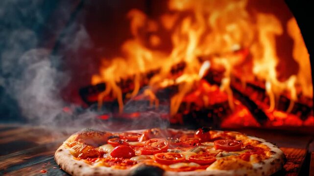 A freshly baked pizza with tomato and cheese is in the foreground with a blazing wood-fired oven behind it