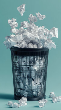 A trash bin full of crumpled paper in an office, showing waste, recycling, and clean business workspace concept