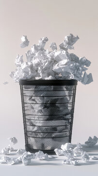 A transparent office trash bin full of crumpled paper, ice, and drink waste